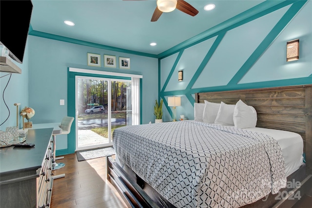 bedroom with access to outside, ceiling fan, crown molding, and dark hardwood / wood-style floors