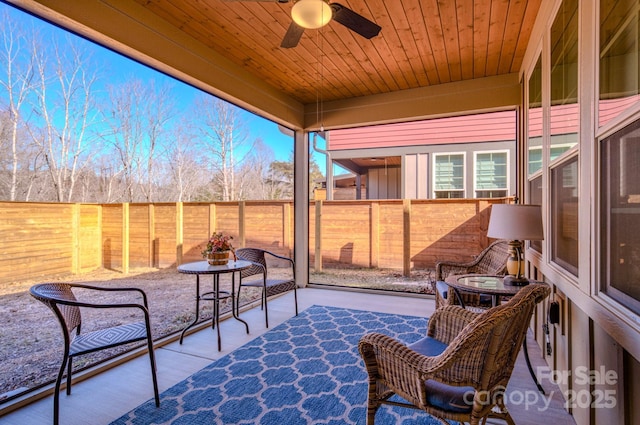 sunroom / solarium featuring ceiling fan and wood ceiling