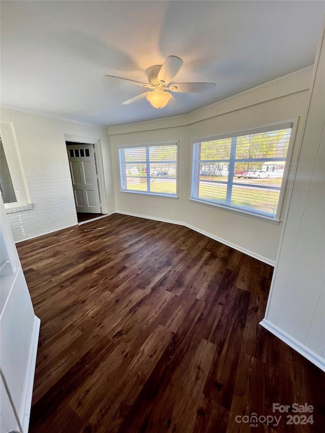 interior space featuring ceiling fan, dark wood-type flooring, and a wealth of natural light