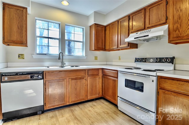 kitchen featuring sink, white appliances, and light hardwood / wood-style flooring