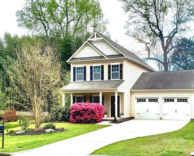 view of front of house with a garage, driveway, covered porch, and a front yard