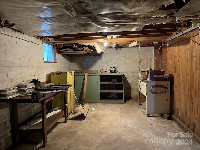 basement featuring wooden walls