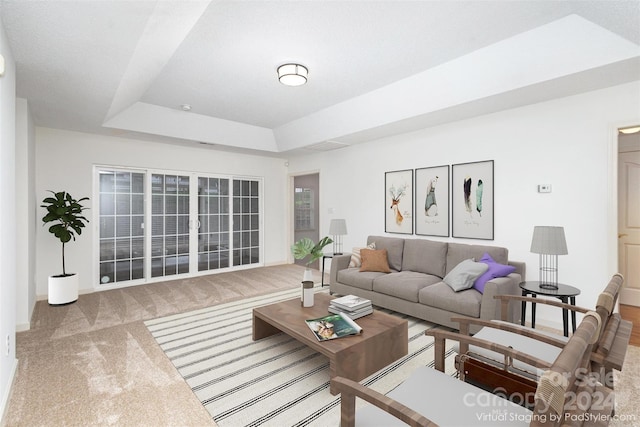 carpeted living room featuring a raised ceiling