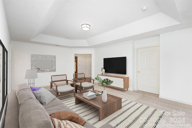 carpeted living room featuring a textured ceiling and a raised ceiling