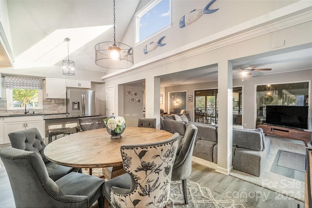 dining space with a healthy amount of sunlight, ceiling fan, and wood-type flooring