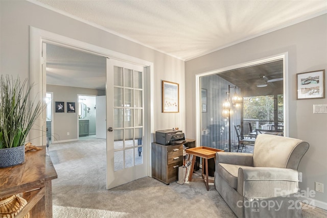 sitting room with light carpet, french doors, and a textured ceiling