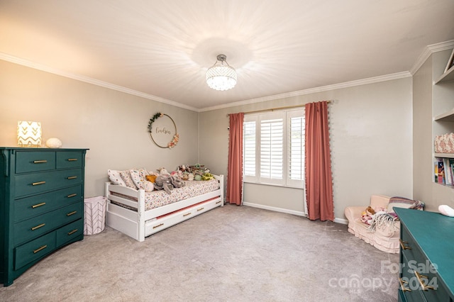 bedroom with light colored carpet and crown molding