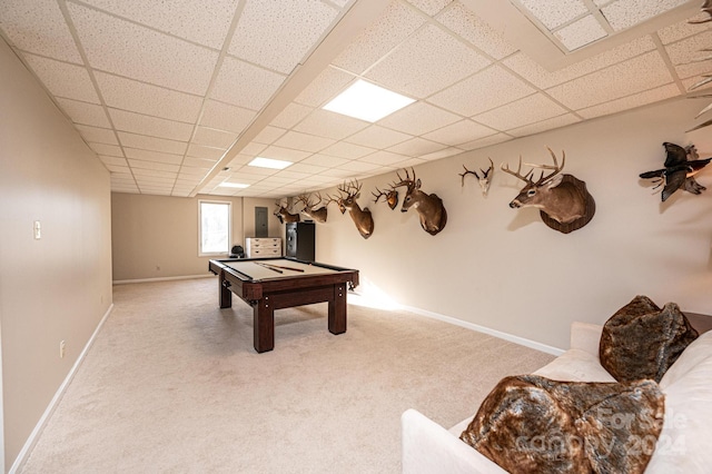 playroom featuring carpet flooring, a paneled ceiling, and billiards