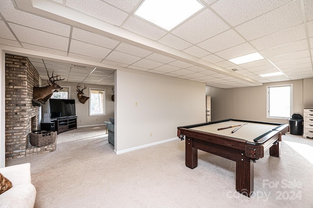 rec room with a drop ceiling, light carpet, and billiards