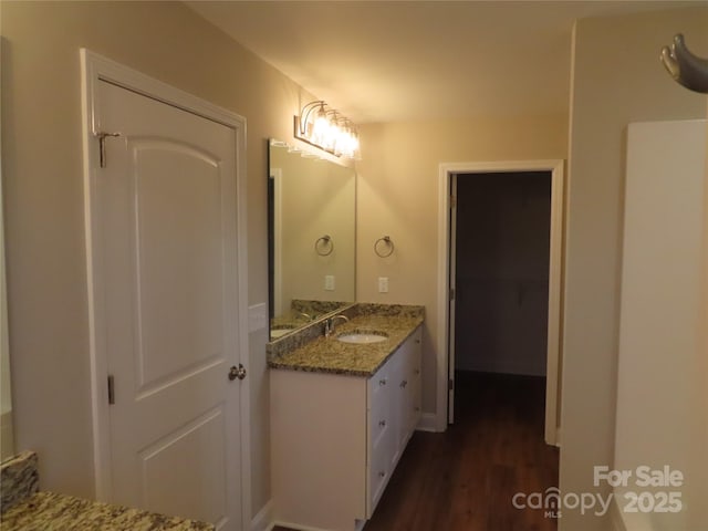 bathroom with wood-type flooring and vanity