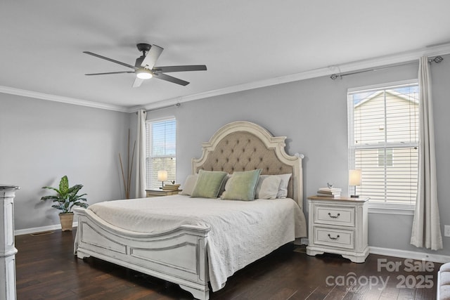 bedroom featuring dark wood-style floors, ornamental molding, baseboards, and ceiling fan