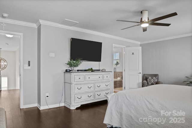 bedroom with baseboards, ensuite bath, ornamental molding, dark wood-style flooring, and ceiling fan with notable chandelier