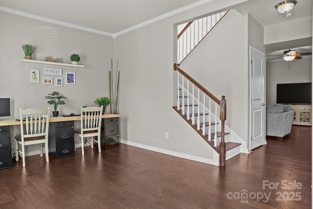 office area featuring baseboards, ceiling fan, ornamental molding, and wood finished floors