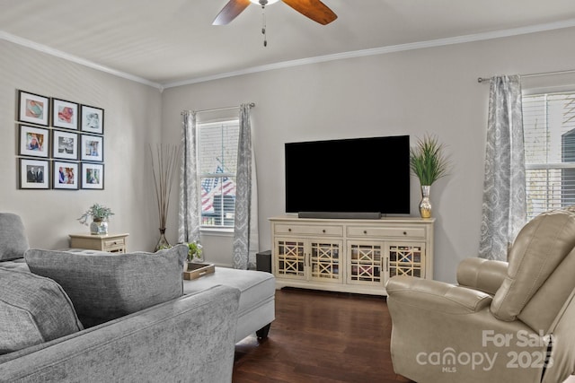 living room with crown molding, ceiling fan, and dark wood-style flooring