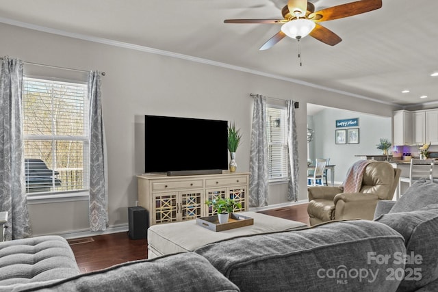 7520 Berkeley Rd W, Denver, NC 28037 - living room with baseboards, ceiling fan, ornamental molding, wood finished floors, and recessed lighting