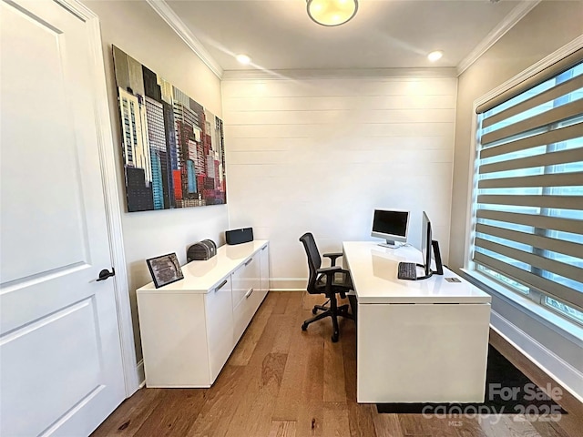 office area featuring crown molding and dark wood-type flooring