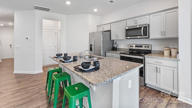 kitchen featuring visible vents, light wood-style flooring, appliances with stainless steel finishes, a sink, and an island with sink