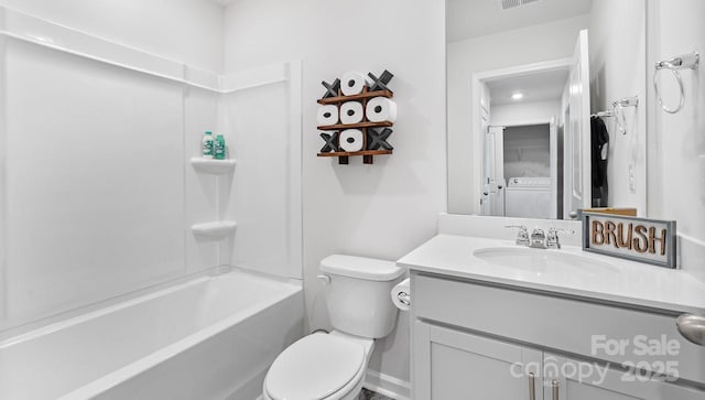 full bath with washtub / shower combination, visible vents, vanity, and toilet