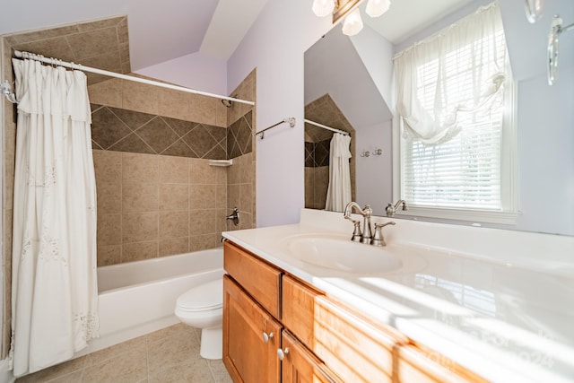 full bathroom with shower / bath combo with shower curtain, tile patterned flooring, vanity, and toilet