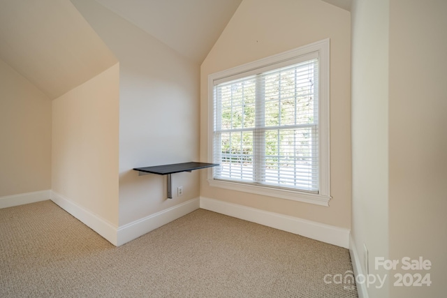 spare room with carpet flooring, plenty of natural light, and lofted ceiling