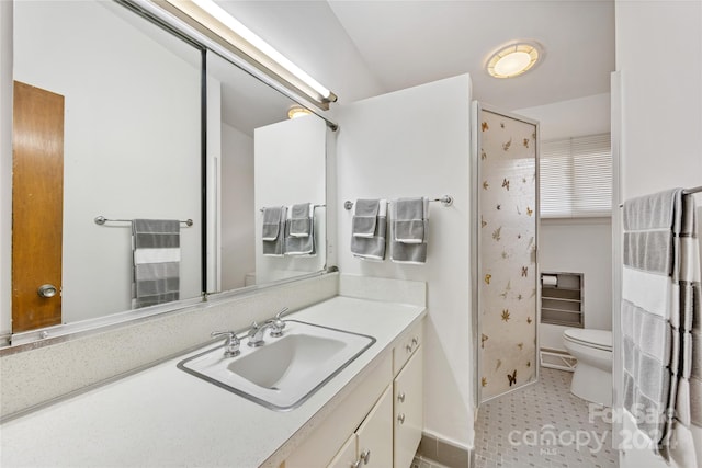 bathroom with vanity, toilet, and walk in shower