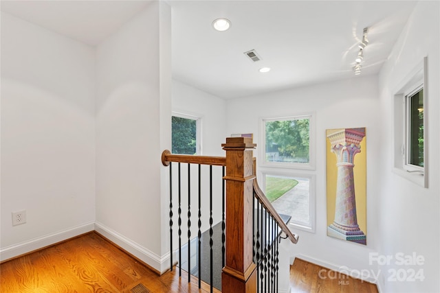 stairway featuring hardwood / wood-style floors and a wealth of natural light