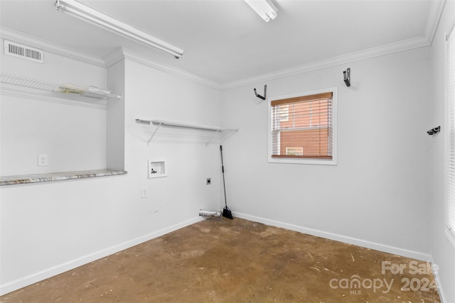 laundry room featuring hookup for an electric dryer, hookup for a washing machine, and ornamental molding