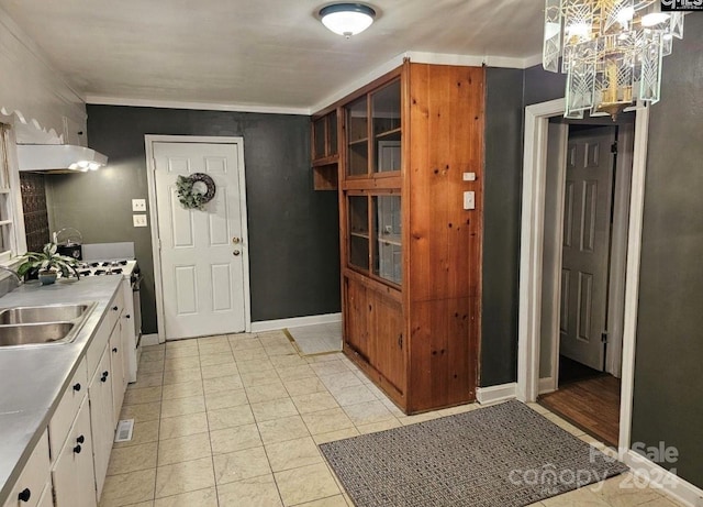 kitchen with white stove, ventilation hood, crown molding, sink, and white cabinetry