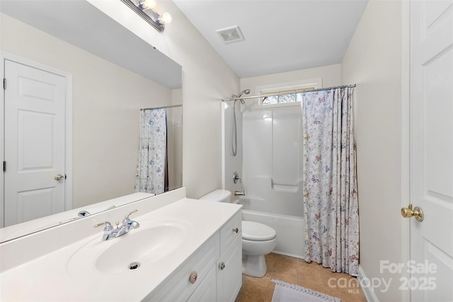 bathroom featuring shower / bath combination with curtain, visible vents, toilet, vanity, and tile patterned flooring