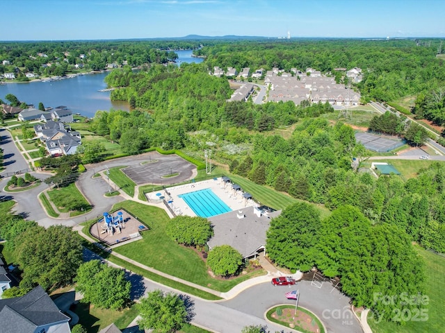 bird's eye view with a water view and a residential view