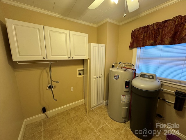 clothes washing area with cabinets, crown molding, hookup for a washing machine, ceiling fan, and water heater