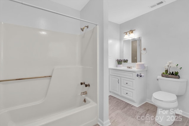 bathroom with toilet, shower / bathing tub combination, vanity, baseboards, and visible vents