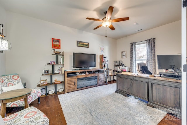 office area with ceiling fan and hardwood / wood-style floors