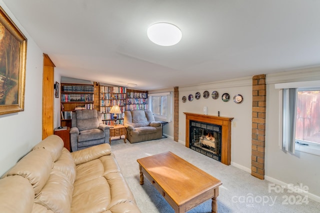 carpeted living room with lofted ceiling