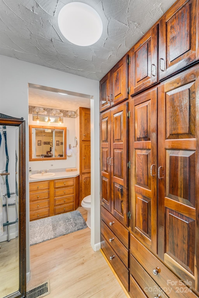 bathroom featuring toilet, vanity, and hardwood / wood-style flooring