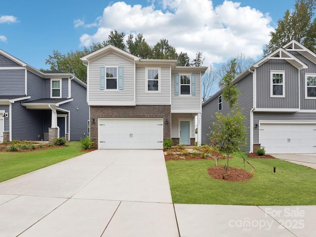 view of front of home with a garage, a front lawn, concrete driveway, and brick siding