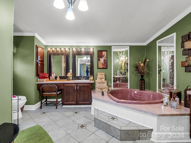 bathroom featuring vanity, tile patterned flooring, toilet, ornamental molding, and a textured ceiling