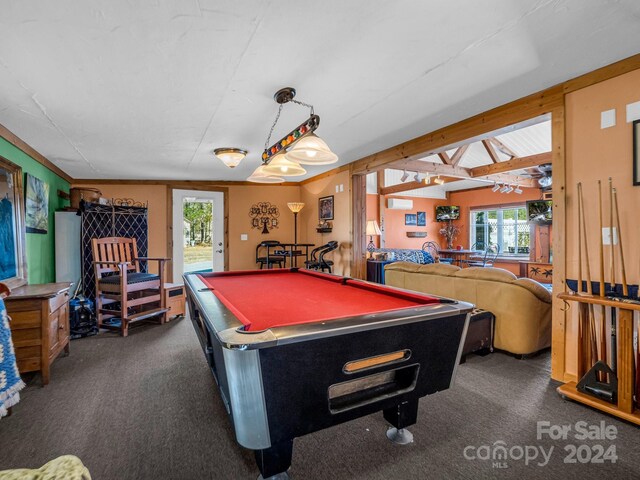 rec room with dark colored carpet and pool table