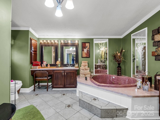 226 Mcswain Rd, Forest City, NC 28043 - bathroom with toilet, a tub with jets, vanity, crown molding, and tile patterned flooring