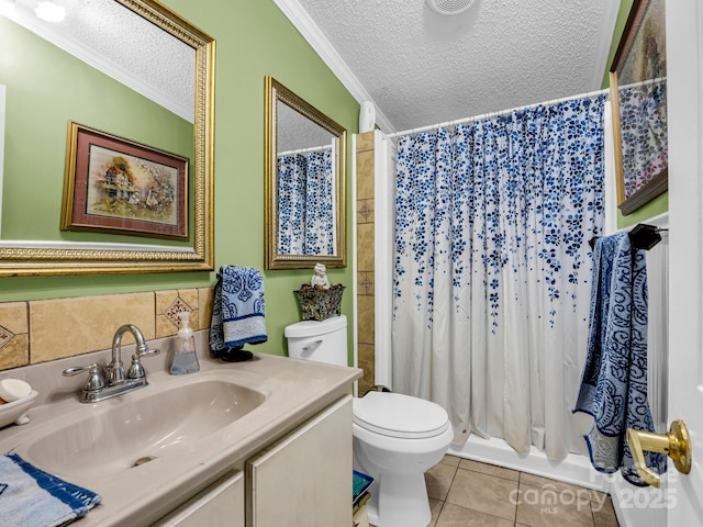 226 Mcswain Rd, Forest City, NC 28043 - bathroom featuring a textured ceiling, tile patterned floors, toilet, vanity, and ornamental molding
