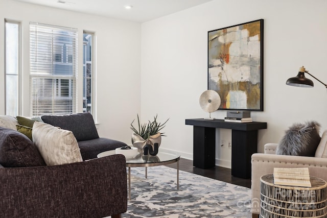 living area with dark hardwood / wood-style floors