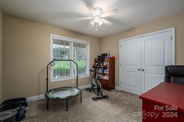 workout room featuring carpet and ceiling fan