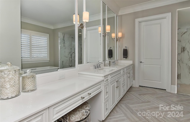 bathroom with crown molding, a shower with door, vanity, and parquet flooring