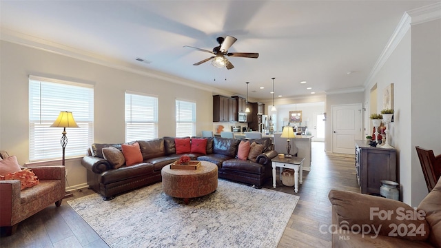 living room featuring crown molding, a wealth of natural light, dark wood-type flooring, and ceiling fan