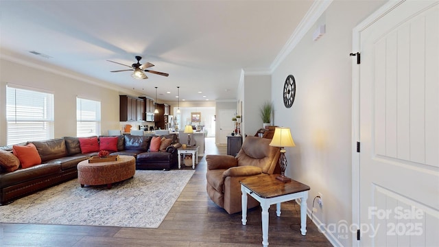 280 Kerri Dawn Ln, Locust, NC 28097 - living room with a ceiling fan, dark wood finished floors, crown molding, and baseboards