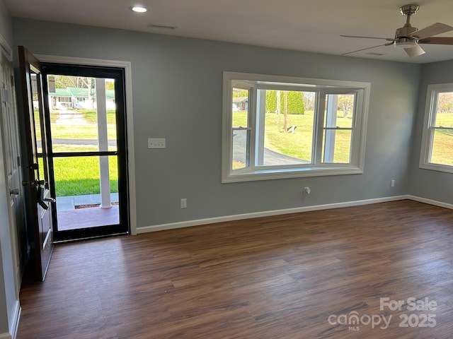 3596 Bethany Church Rd, Claremont, NC 28610 - foyer entrance with dark wood-style flooring, baseboards, a ceiling fan, and recessed lighting