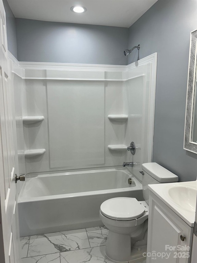 3596 Bethany Church Rd, Claremont, NC 28610 - bathroom with recessed lighting, toilet,  shower combination, marble finish floors, and vanity