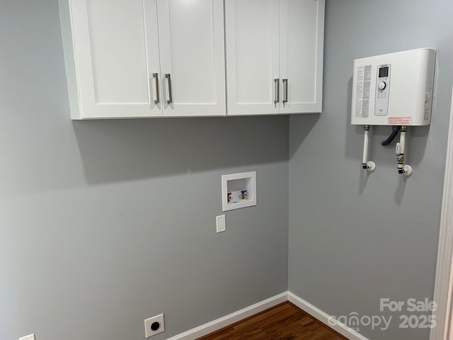 3596 Bethany Church Rd, Claremont, NC 28610 - clothes washing area featuring cabinet space, washer hookup, baseboards, hookup for an electric dryer, and dark wood-type flooring