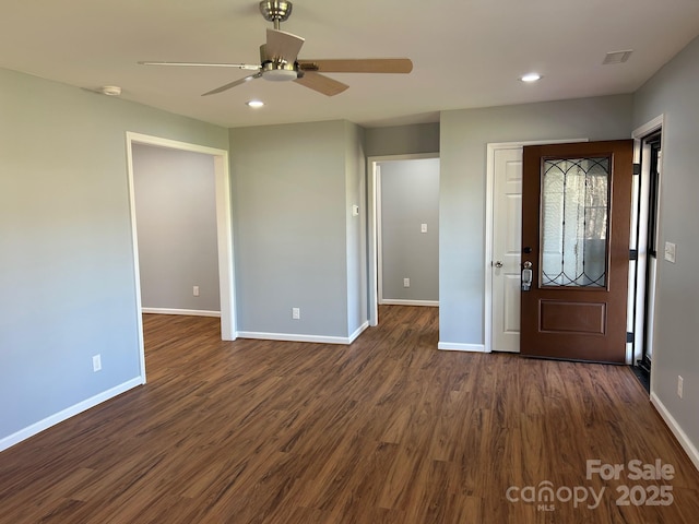 3596 Bethany Church Rd, Claremont, NC 28610 - entryway featuring ceiling fan, dark wood finished floors, baseboards, and recessed lighting