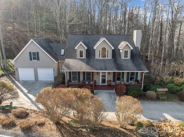 cape cod-style house featuring a porch and a garage